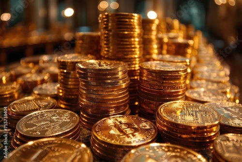 Stacked gold coins ,virtual currency, Finance, Bitcoin Cryptocurrency