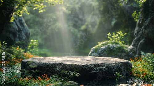 stone podium for product presentation, stone in the forest with sunlight and rays of light, surrounded in the style of greenery, water, flowers, nature background, volumetric lighting, high resolution