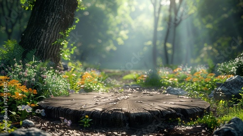 Fantasy-themed podium product display background set in a lush, enchanted forest.