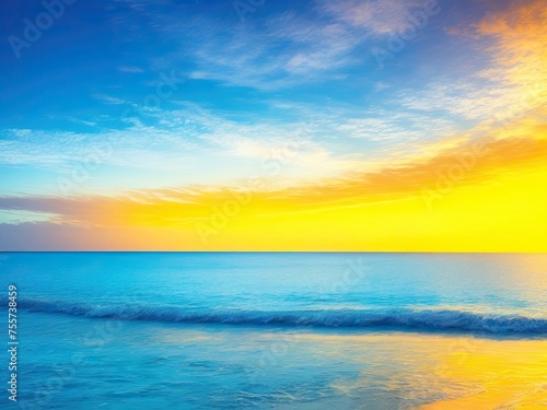 Gorgeous abstract background of the water in summer. Beach with golden sand  blue ocean  cloud cover  and sunset in the distance.