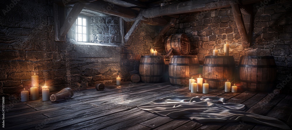 Naklejka premium Timeless elegance wine cellar in historic chateau with aging barrels in candlelit ambiance