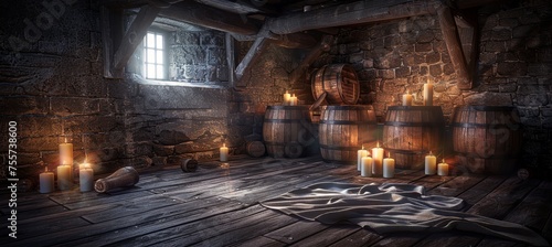 Timeless elegance wine cellar in historic chateau with aging barrels in candlelit ambiance