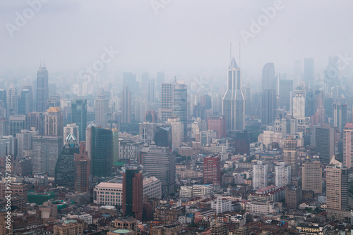 Shanghai in fog at early morning  view from White Magnolia Plaza