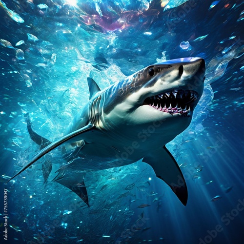 Great White Shark in the deep blue ocean. 3D Rendering