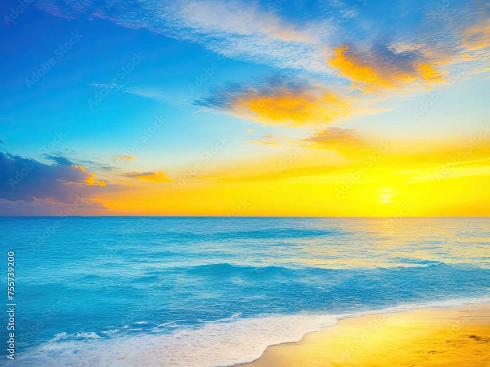 Gorgeous abstract background of the water in summer. Beach with golden sand, blue ocean, cloud cover, and sunset in the distance.