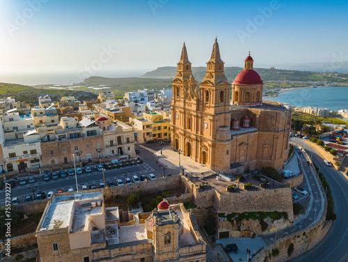 The Parish Church in Mellieha. Blue sky, sea, day. Maltese island 