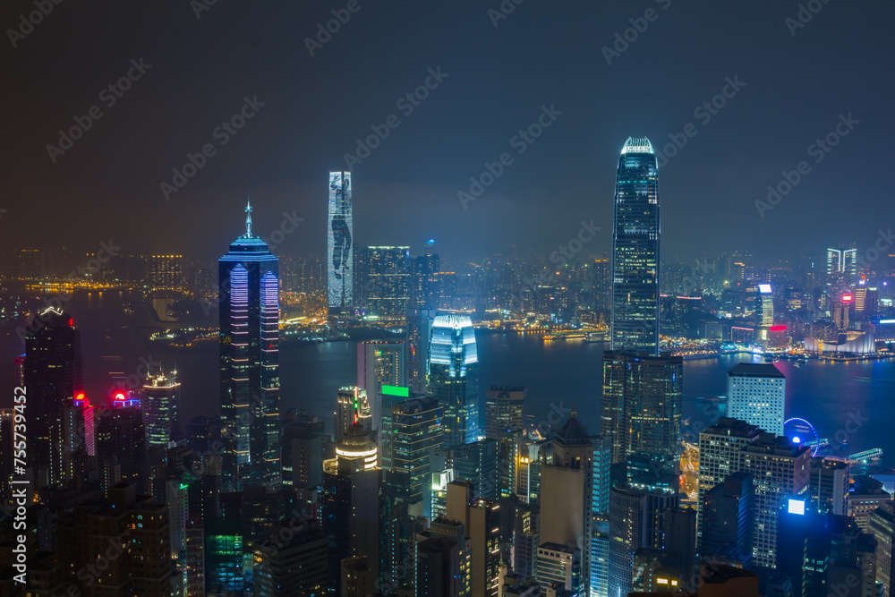  Night skyscrapers. Hong Kong is one of largest business centers in Asia and around world, it has built more than 1.3 thousand skyscrapers, view from Queen Garden