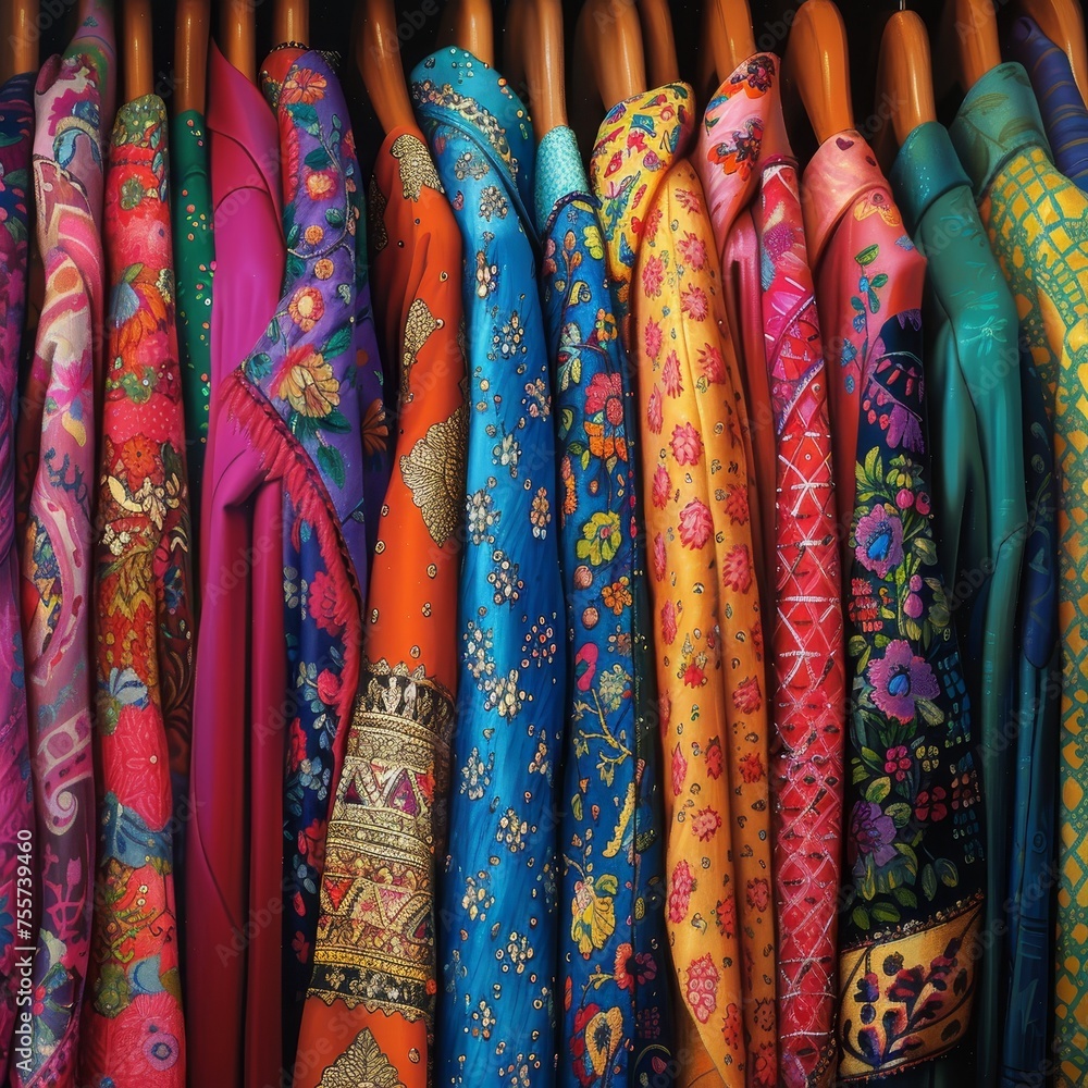 A beautiful collection of richly patterned textiles, featuring bold colors and intricate designs, hanging closely together. A beautiful collection of richly patterned textiles, featuring bold colors and intricate designs, hanging closely together.