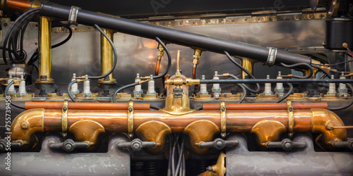 Side view of the engine of an early twentieth century British luxury car