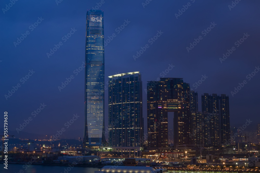 International Commerce Centre with illumination, Arch and coast in Hong Kong, China at night, view from Starhouse