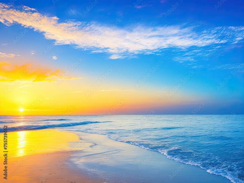 Gorgeous abstract background of the water in summer. Beach with golden sand, blue ocean, cloud cover, and sunset in the distance.