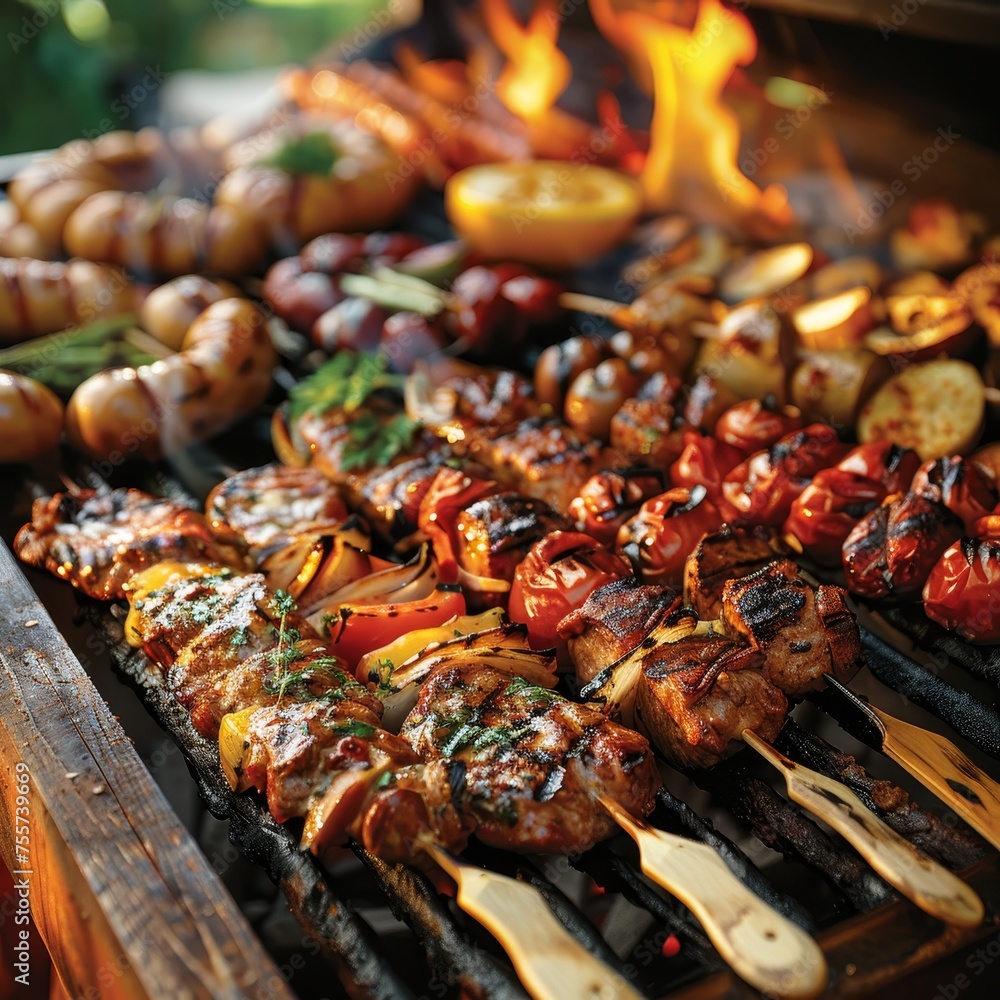 A vibrant barbecue scene full of juicy skewers, succulent meats, and an array of grilled vegetables, all basking in the fiery glow of an open flame. A vibrant barbecue scene full of juicy skewers, succulent meats, and an array of grilled vegetables, all basking in the fiery glow of an open flame.