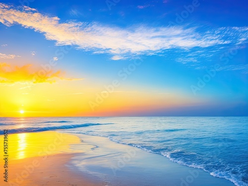 Gorgeous abstract background of the water in summer. Beach with golden sand, blue ocean, cloud cover, and sunset in the distance. © REZAUL4513