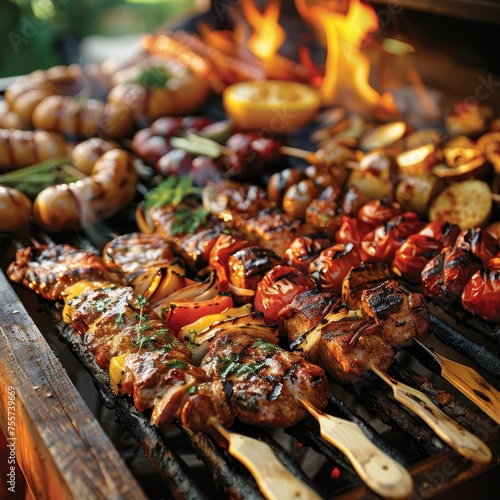A vibrant barbecue scene full of juicy skewers, succulent meats, and an array of grilled vegetables, all basking in the fiery glow of an open flame.