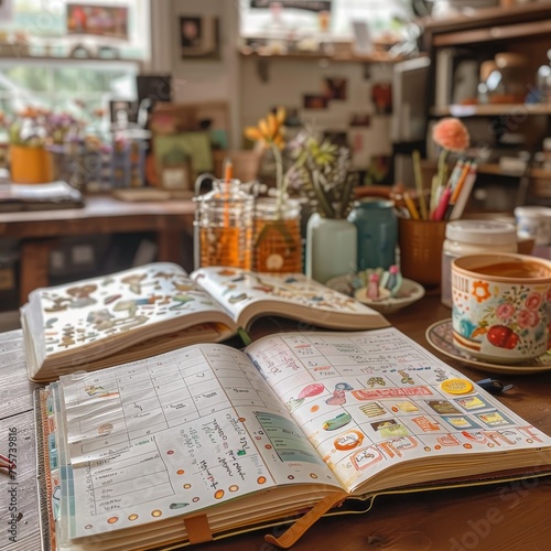 An inviting scene with a detailed planner open on a wooden table surrounded by colorful stationery, a warm cup of tea, and homey kitchen background.