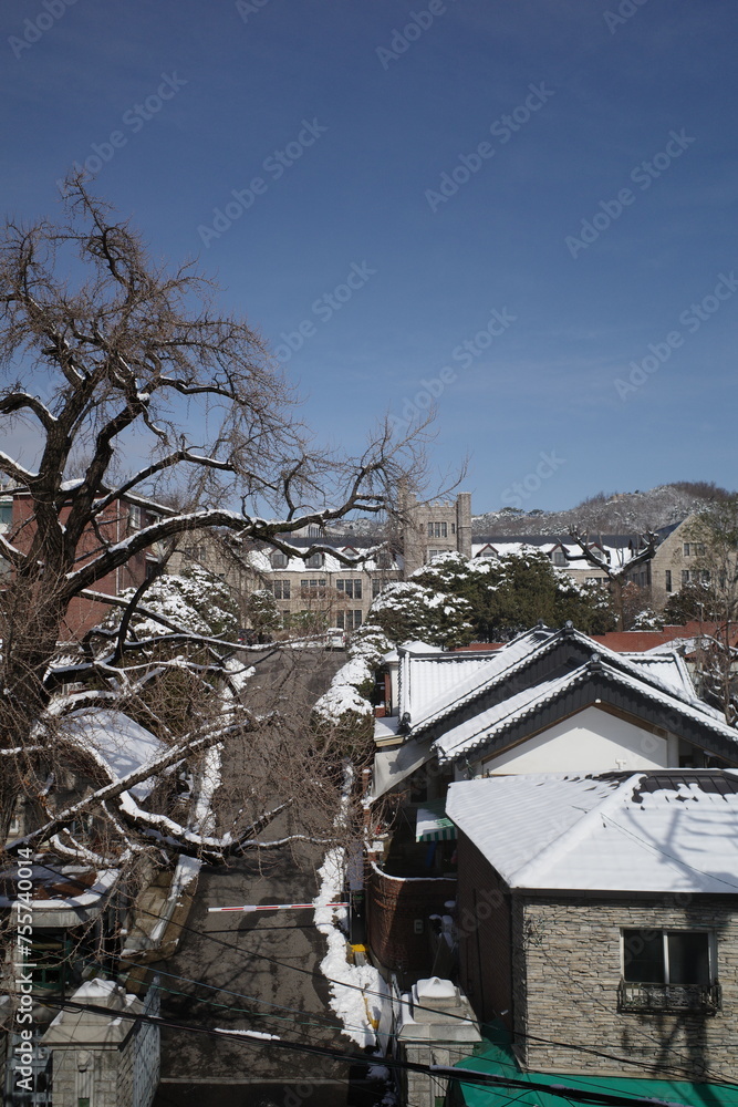 Hanok in Seoul with snowy weather. Winter in Seoul. Winter in Korea.