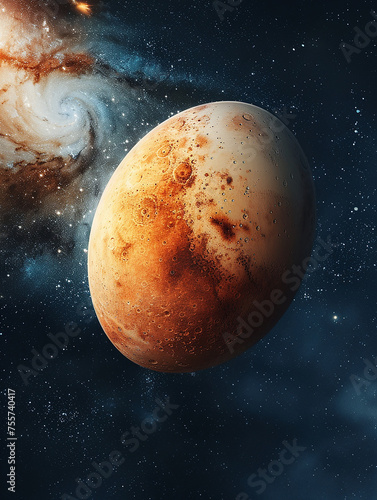 Unconventional sci-fi easter card. Conceptual image of an easter egg in space. Copy space for text, background.