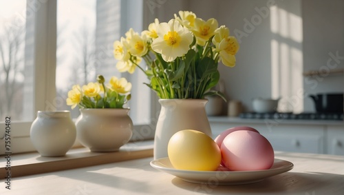 Beautiful Easter eggs and spring flowers on the table on a blurred kitchen window background