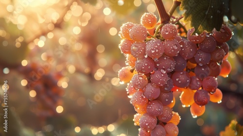 Sun-kissed grape clusters with morning dew, embodying the freshness of vineyards and the promise of wine.