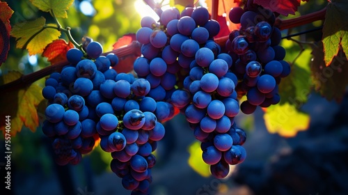 Sunlight filters through a vineyard, highlighting clusters of ripe blue grapes ready for harvest.