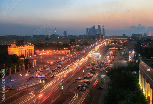 Krymsky Val Street  traffic  entrance arch in Gorky Park in Moscow night  Russia