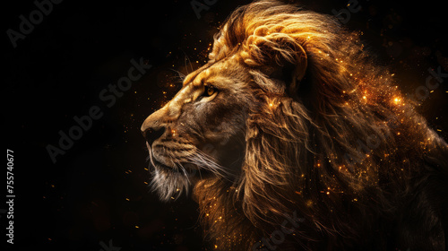 Majestic image of a lion surrounded by sparks  representing the zodiac sign Leo with a cosmic touch.