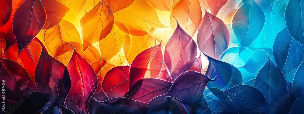 Abstract colorful leaves in a gradient flow, representing autumnal hues and organic beauty. - obrazy, fototapety, plakaty 