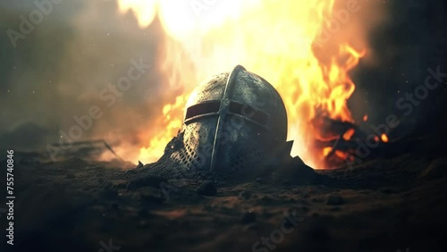 Medieval warrior helmet on the ground. War and defeat. Epic fantasy and dramatic loop video animation. photo