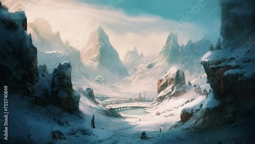 Snow storm in cold biome. Fantasy landscape and atmospheric loop video. photo