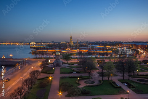 Trinity Square, Peter and Paul Fortress, Neva river at night in St. Petersburg, Russia
