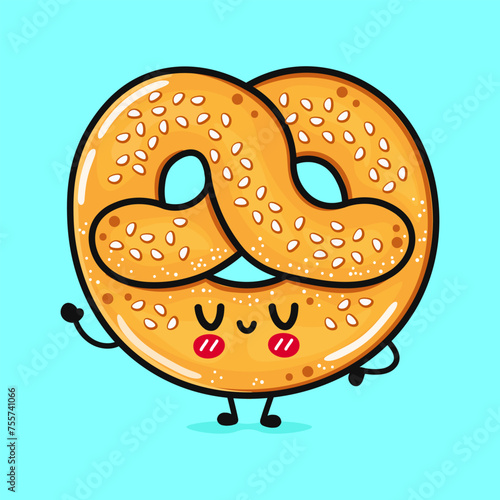 Cute funny French pretzel waving hand. Vector hand drawn cartoon kawaii character illustration icon. Isolated on blue background. French pretzel character concept