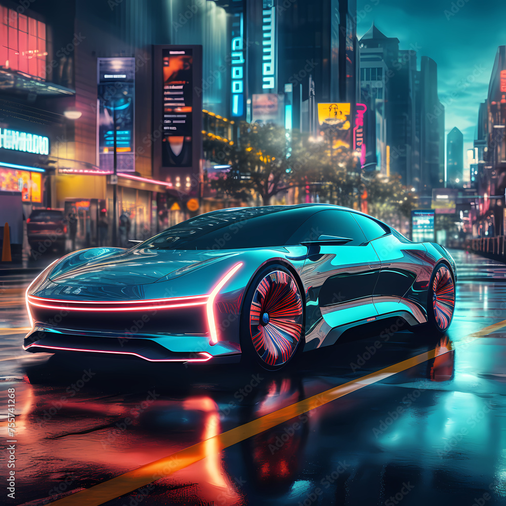 A futuristic self-driving car on a neon-lit street