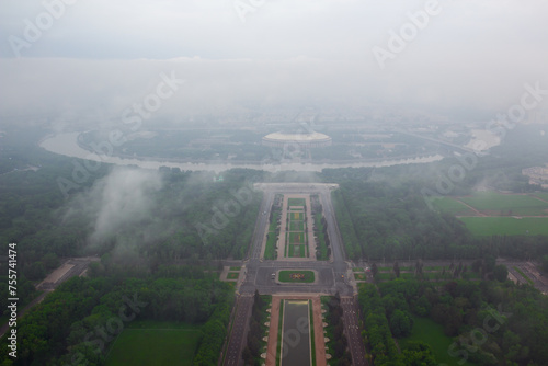 Luzhniki sport complex in foggy early morning in Moscow, Russia, view from MSU