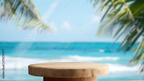 Summer product display on wooden podium at sea tropical beach, generative ai