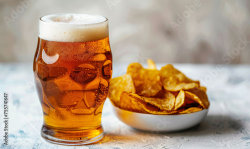 Beer glass with froth and bowl of chips, ideal for concepts of leisure, snacks, and relaxation.
