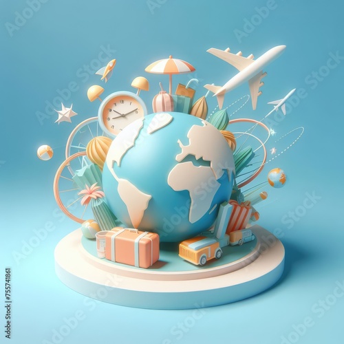 Planet Earth and Travel Symbols Around. Soft shapes 3D illustration with delicate pastel colors.