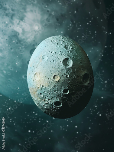 Unconventional sci-fi easter card. Conceptual image of an easter egg in space. Copy space for text, background.