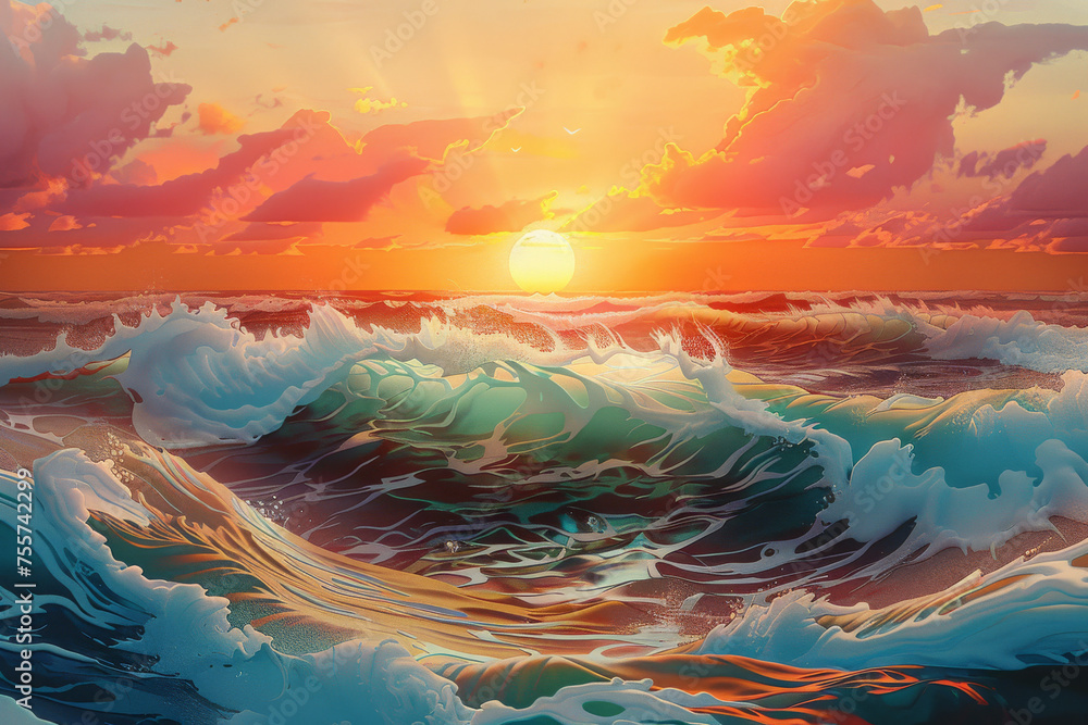 Vivid illustration of ocean waves during a beautiful sunset.