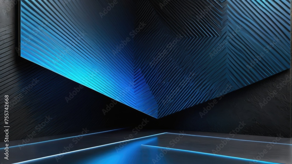 Abstract composition, light pattern featuring a gradient of blue to black with soft, tech-inspired lines, placed against a metal-textured floor and wall, all bathed in a soft - obrazy, fototapety, plakaty 