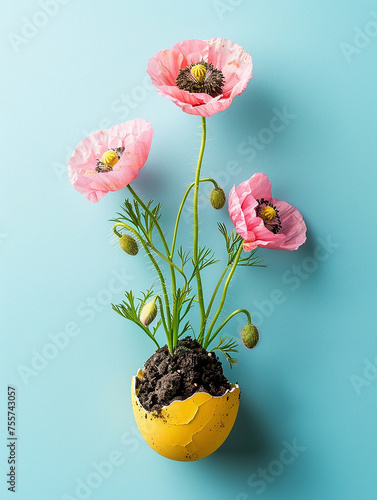 Spring holiday season concept. Flowers growing out of an easter egg. Close up, copy space, background.