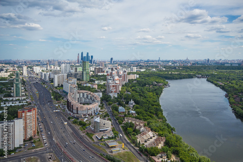 Photography Neighborhood Khoroshevo-Mnevniki, highway, river and forest at summer in Moscow,