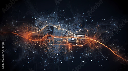 City plan with glowing city map and infrastructure grid, city map illustration