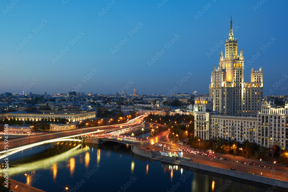 High-rise building on Kotelnicheskaya embankment at evening in Moscow. High-rise building on Kotelnicheskaya embankment at evening in Moscow.