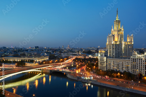 High-rise building on Kotelnicheskaya embankment at evening in Moscow.