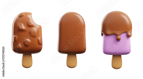 Set of realistic ice creams in chocolate glaze on stick 3D style