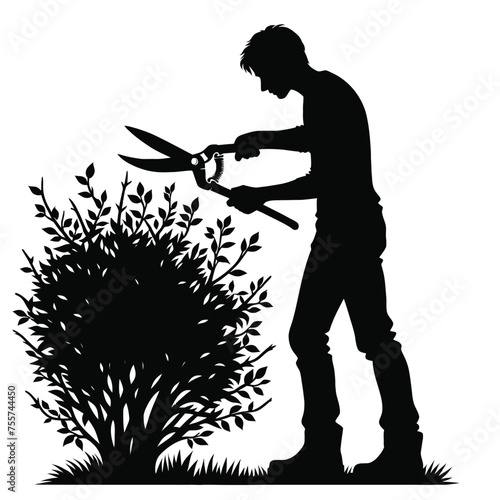 Silhouette of a Person Pruning Bushes with Garden Shears