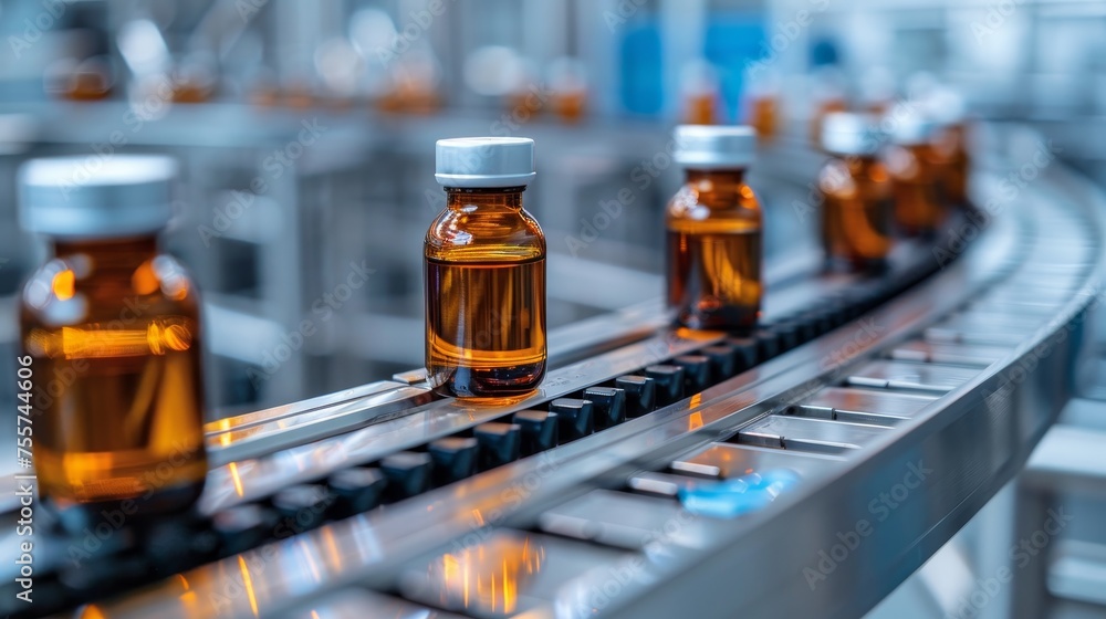 Pharmaceutical factory production line with medical vials in manufacturing process Pharmaceutical factory production line with medical vials in manufacturing process