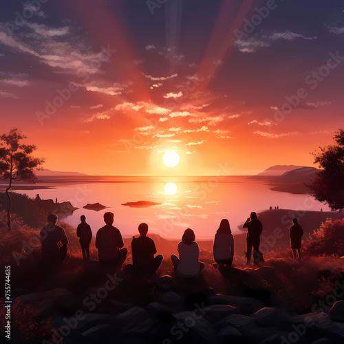 A group of people watching a sunrise. 