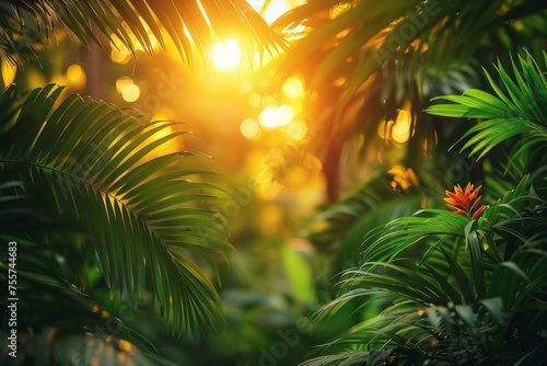 The setting sun casts a warm glow over the dense foliage of the rainforest, adding to its enchanting beauty. © tonstock
