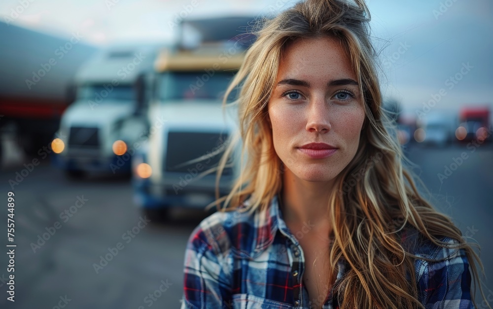A young woman confidently poses in front of a fleet of trucks, breaking stereotypes as a female truck driver. A young woman confidently poses in front of a fleet of trucks, breaking stereotypes as a female truck driver.